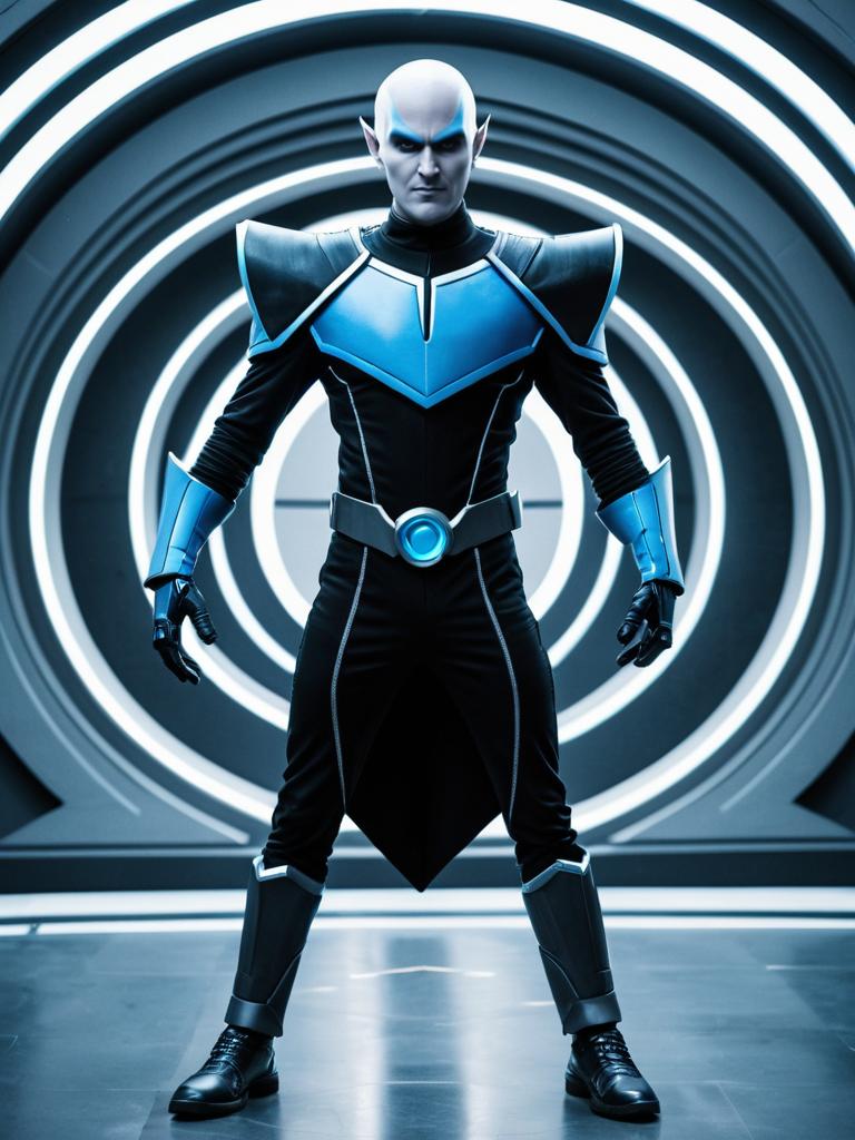 Man in Megamind Cosplay Costume Standing in Futuristic Sci-Fi Background