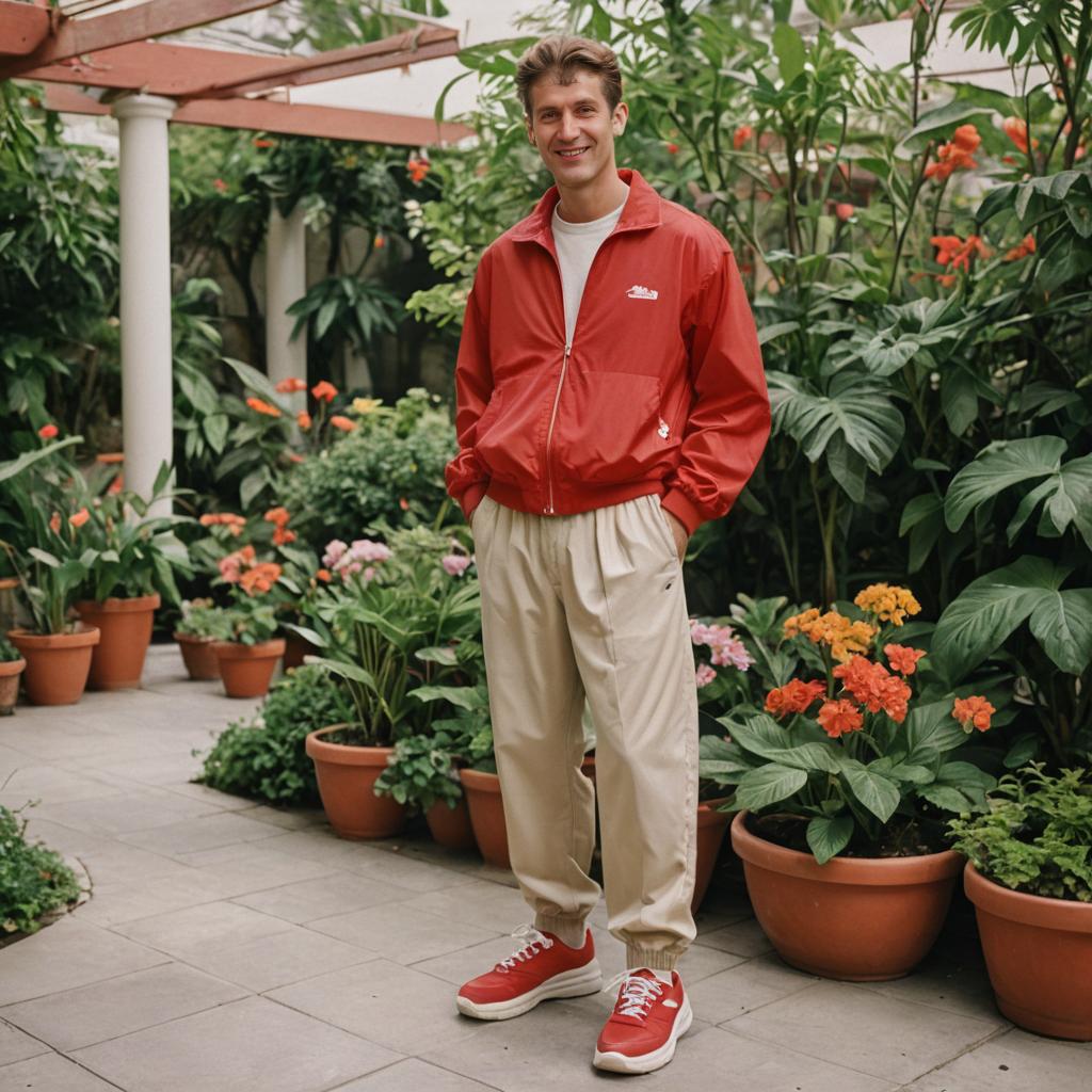 Man in Red Jacket and Sneakers in Greenhouse