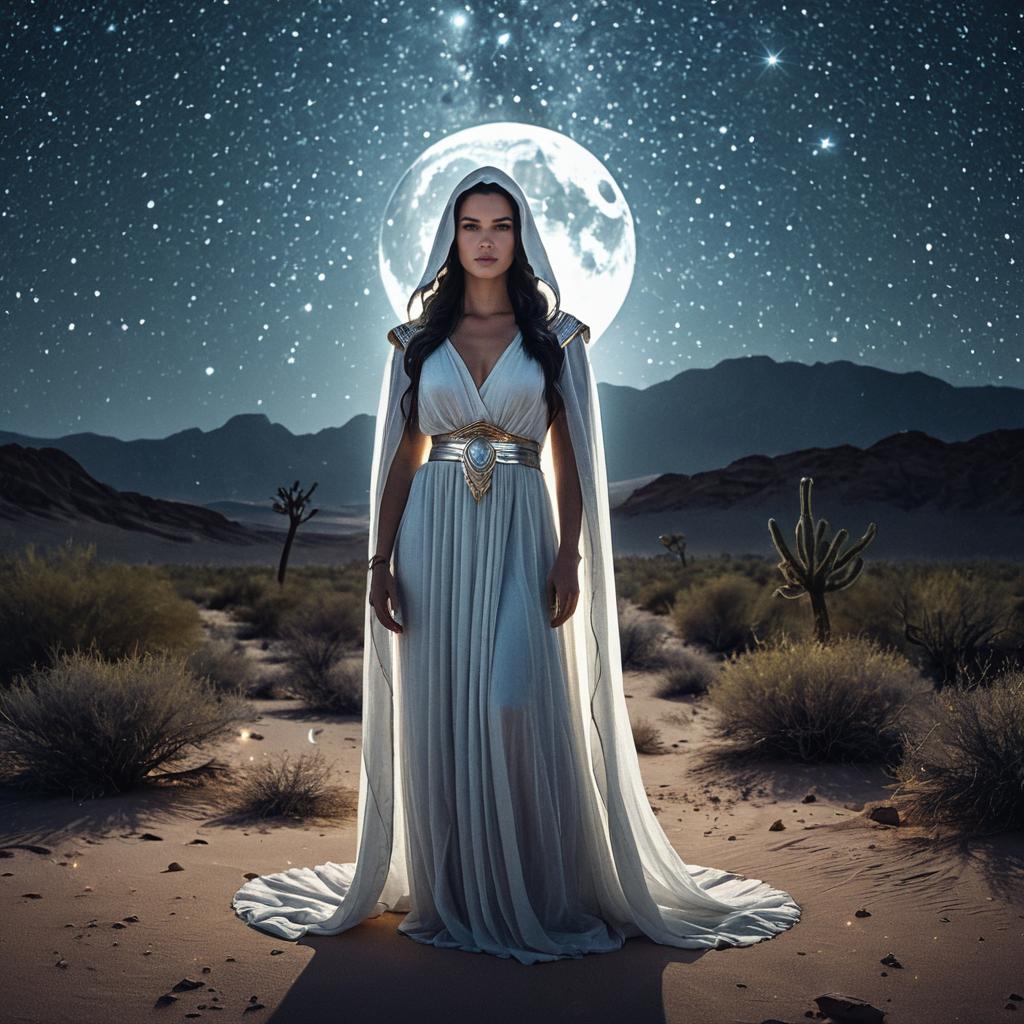 Woman in White Hooded Gown Under Full Moon in Desert Night