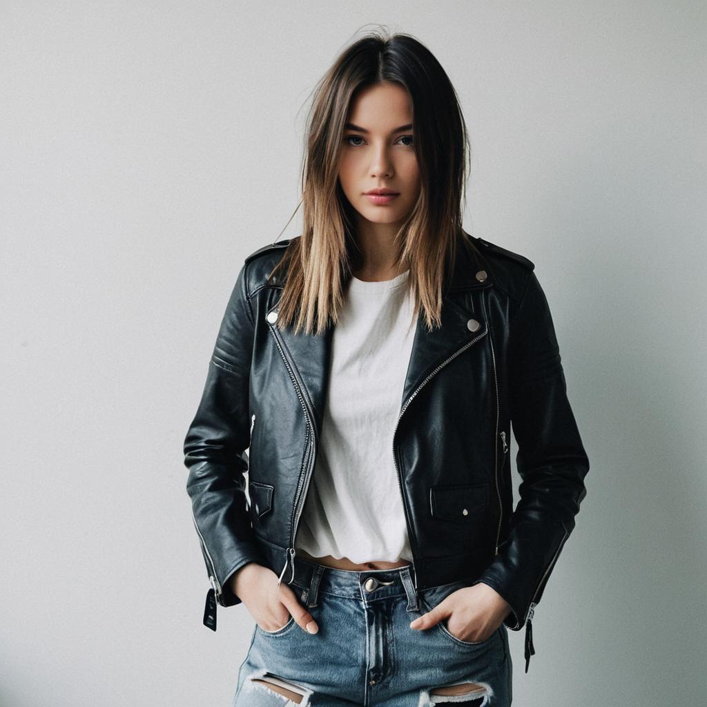Confident Young Woman Wearing Black Leather Jacket and Distressed Jeans