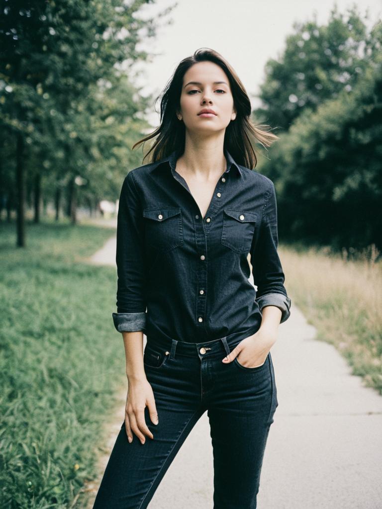 Woman in Black Jeans and Denim Shirt Outdoor Portrait
