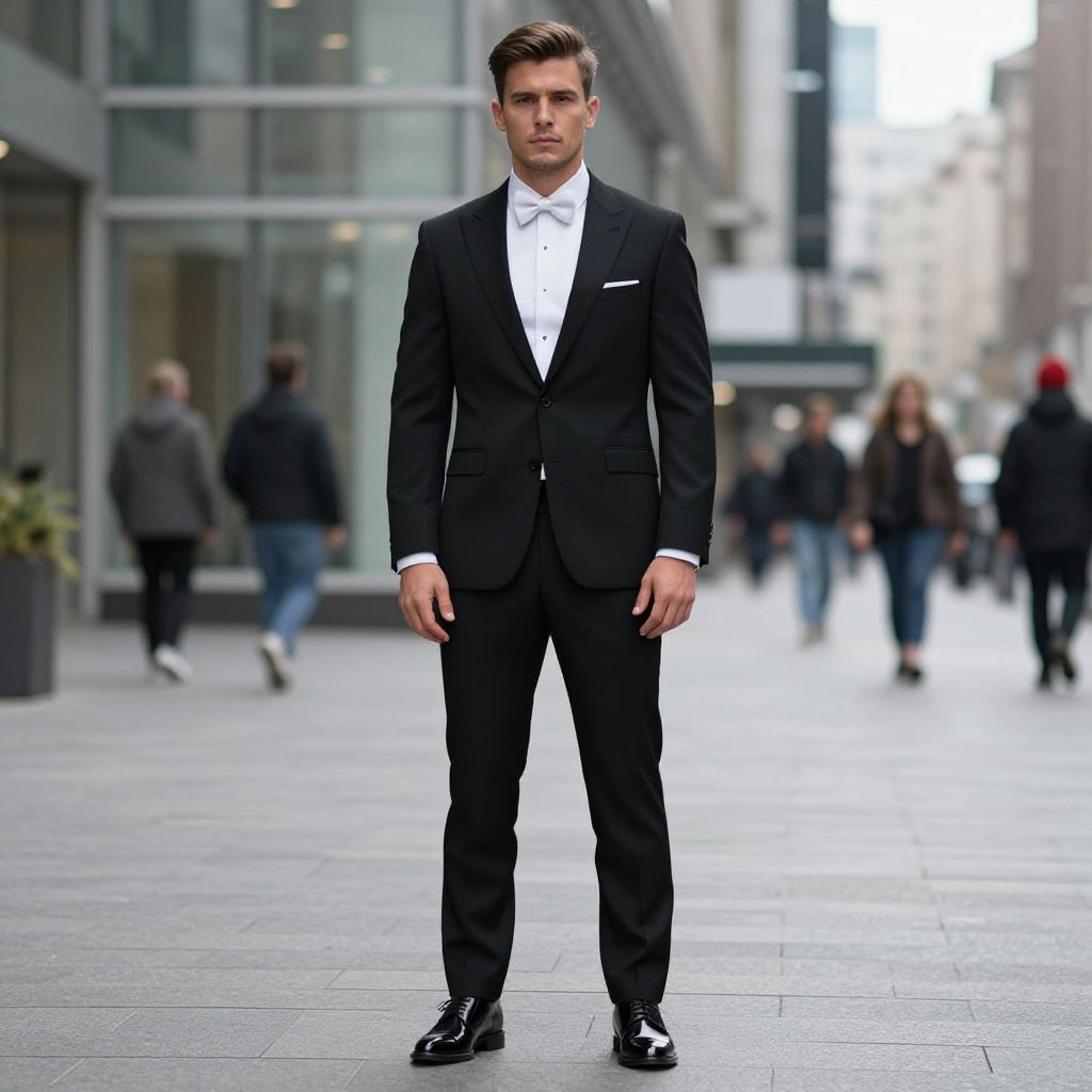 Man Wearing Classic Black Tuxedo in Urban City Setting
