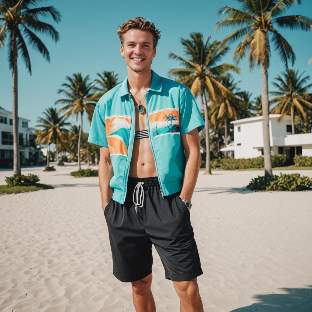 Cheerful Man on Sunny Beach in Tropical Shirt