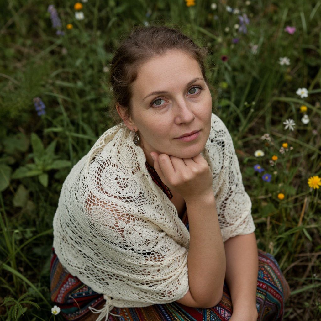 Woman in Lace Shawl Sitting Among Wildflowers in Garden