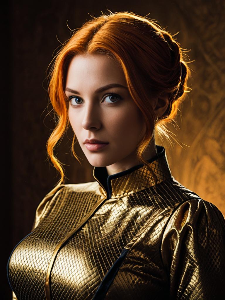 Realistic Photo of Woman in Golden Cosplay Costume with Red Hair