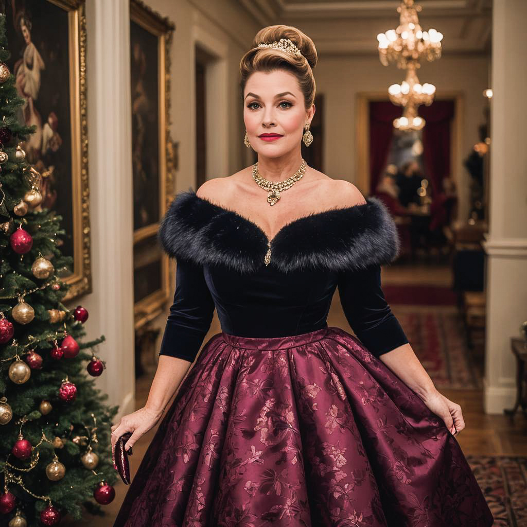 Elegant woman in vintage evening gown with fur collar