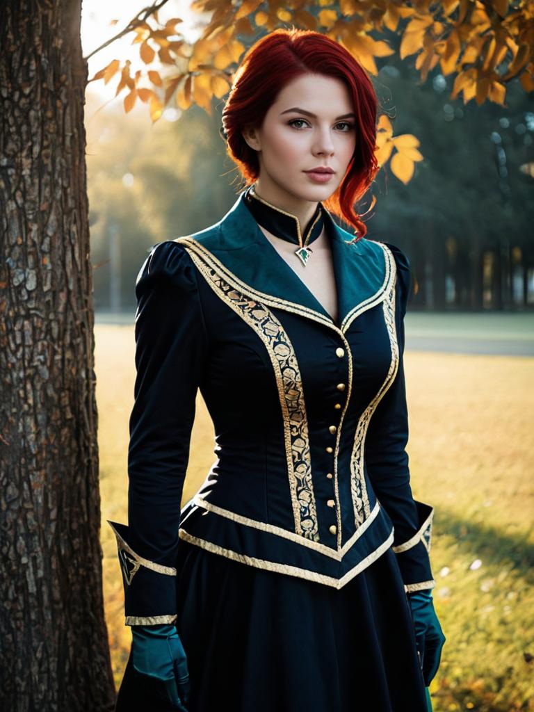 Stylish Woman in Elegant Eda Cosplay Costume Outdoors