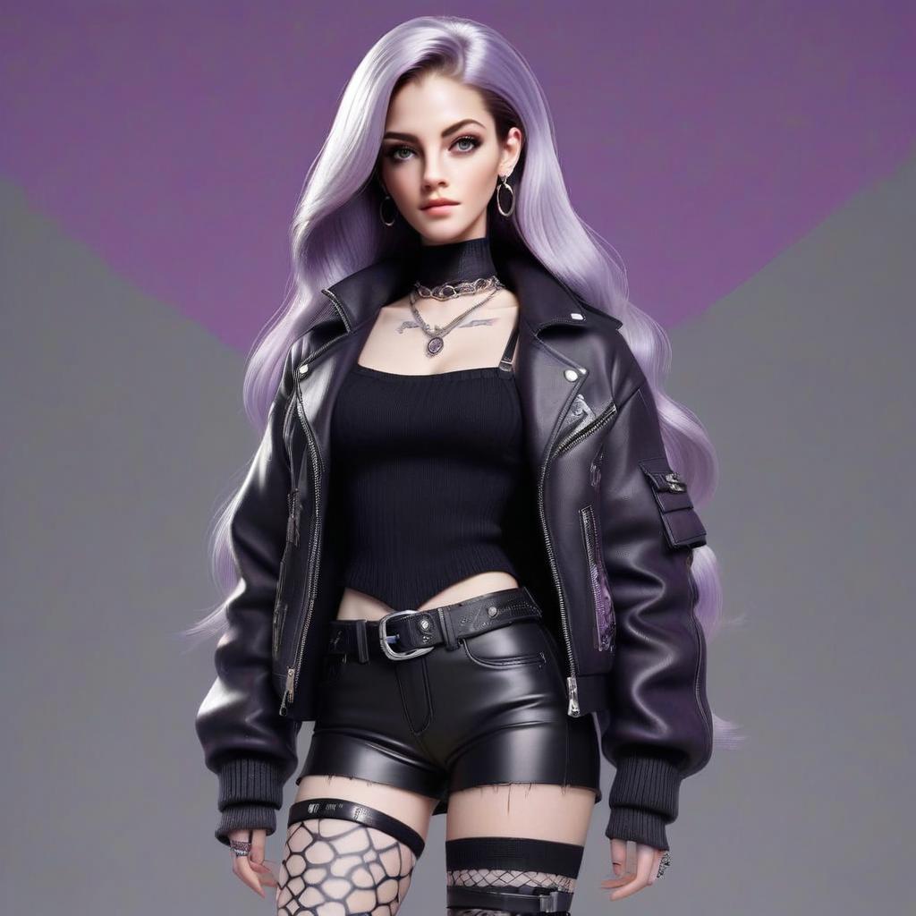 Edgy Woman with Lavender Hair in Leather Outfit