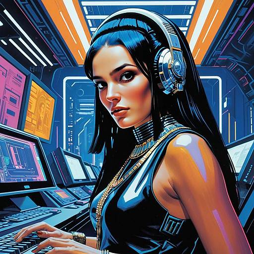 Cyberpunk Woman with Headphones in Futuristic Tech Environment