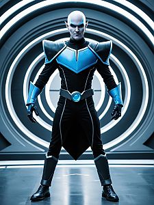 Man in Megamind Cosplay Costume Standing in Futuristic Sci-Fi Background
