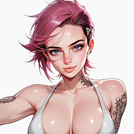 Hyper-Realistic Anime Style Portrait of a Woman with Pink Hair and Tattoos