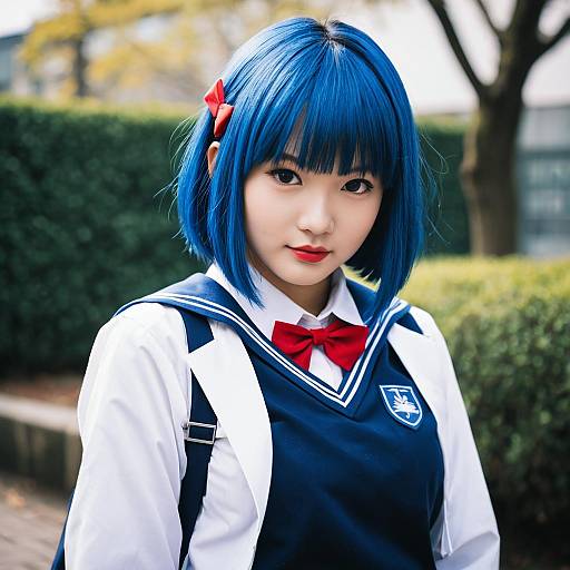 Blue-Haired Woman in Japanese School Uniform Cosplay