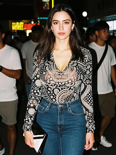 Petite Woman Wearing Monochrome Patterned Blouse with Cowl Neck on City Street