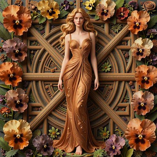 Elegant Woman in Ornate Earth-Toned Gown with Floral and Wooden Geometric Backdrop