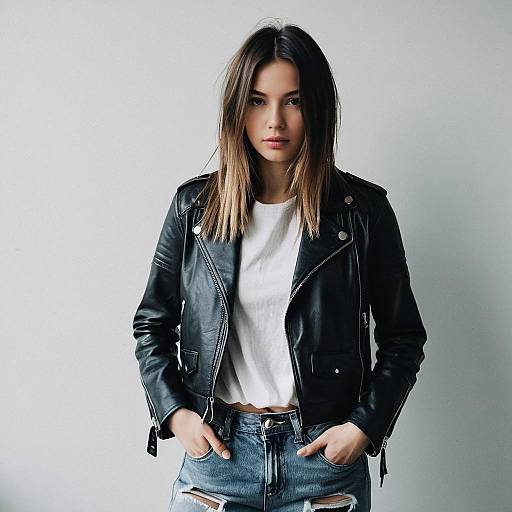 Confident Young Woman Wearing Black Leather Jacket and Distressed Jeans