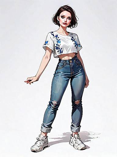 Realistic Comic Style Illustration of Woman in Casual Outfit Full Body Shot