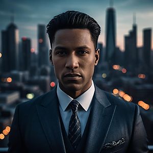 Confident Man in Navy Suit Against City Skyline