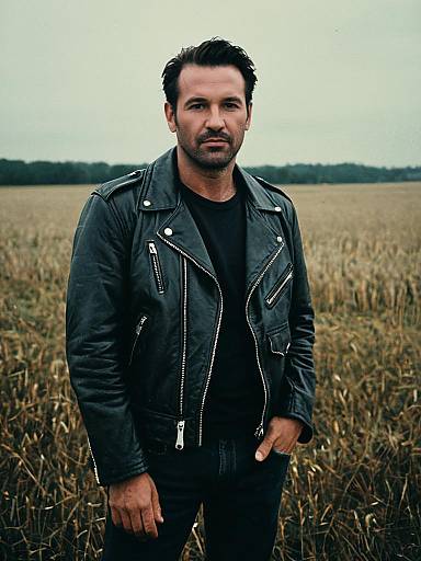 Man in Leather Jacket Standing in Wheat Field with Moody Overcast Sky