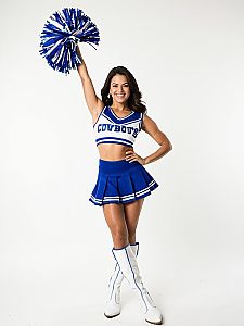 Cheerleader in Blue and White Outfit with Pom-Pom