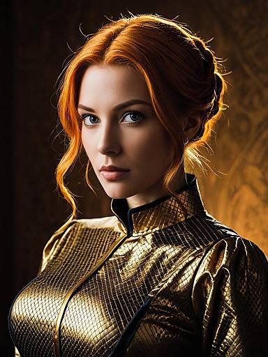 Realistic Photo of Woman in Golden Cosplay Costume with Red Hair