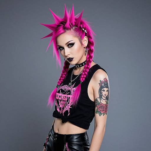 Punk Rock Woman with Bright Pink Spiked Hair and Tattoo