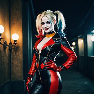 Harley Quinn Cosplay Woman in Red and Black Leather Costume
