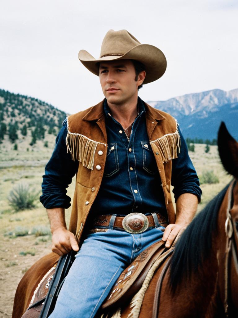 Photorealistic Cowboy Man in Brokeback Mountain Costume on Horseback