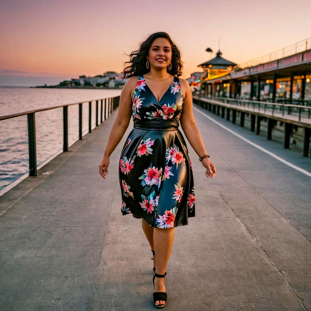 Confident Woman in Floral Dress at Sunset