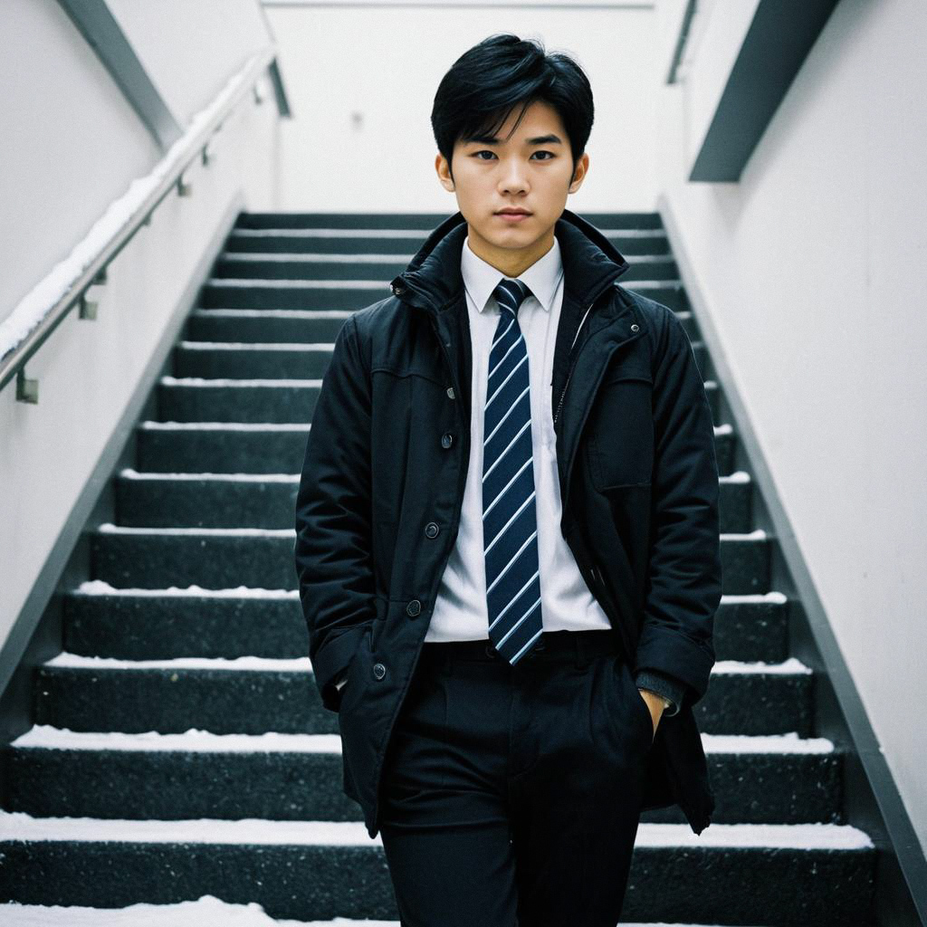 Young Man in Winter Office Wear on Snowy Staircase Young Man in Winter Office Wear on Snowy Staircase