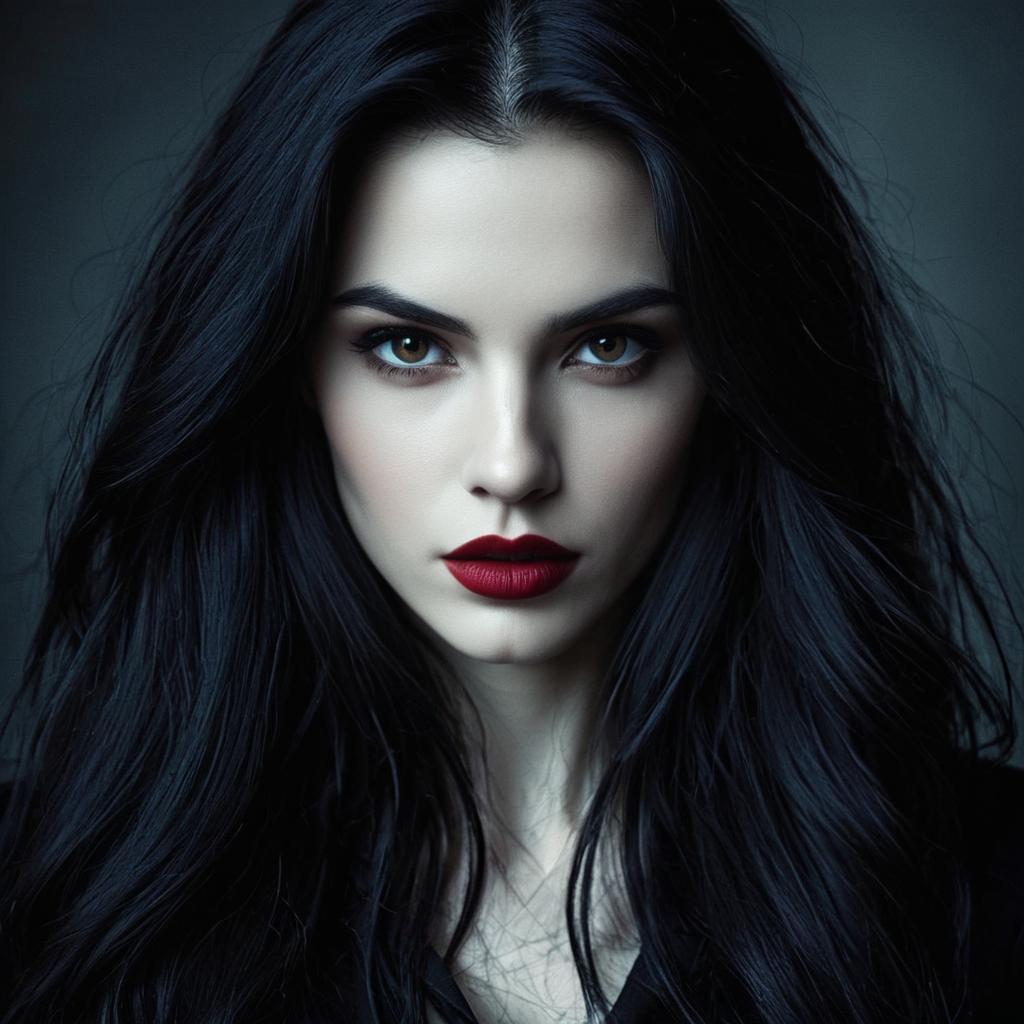 Portrait of Woman with Long Black Hair and Red Lips in Realistic Style