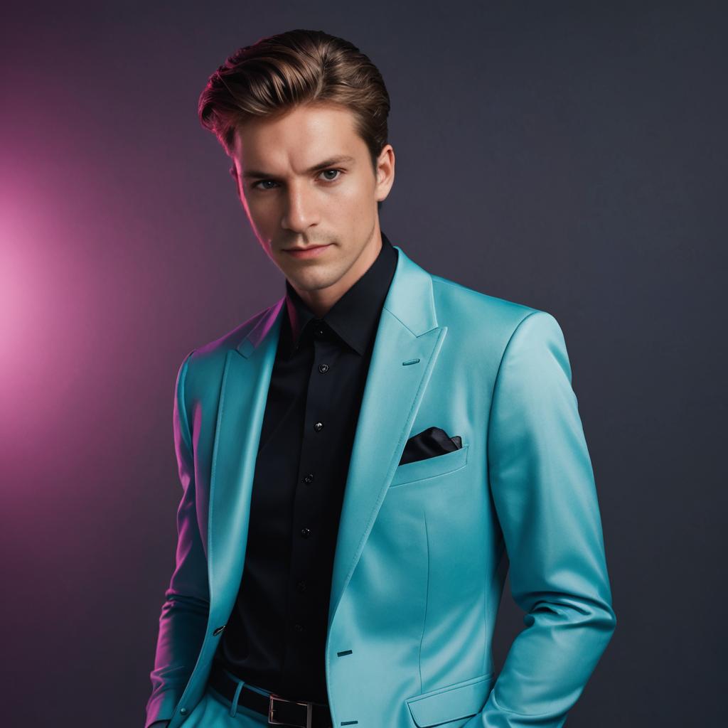 Stylish Man in Blue Suit Against Dark Backdrop