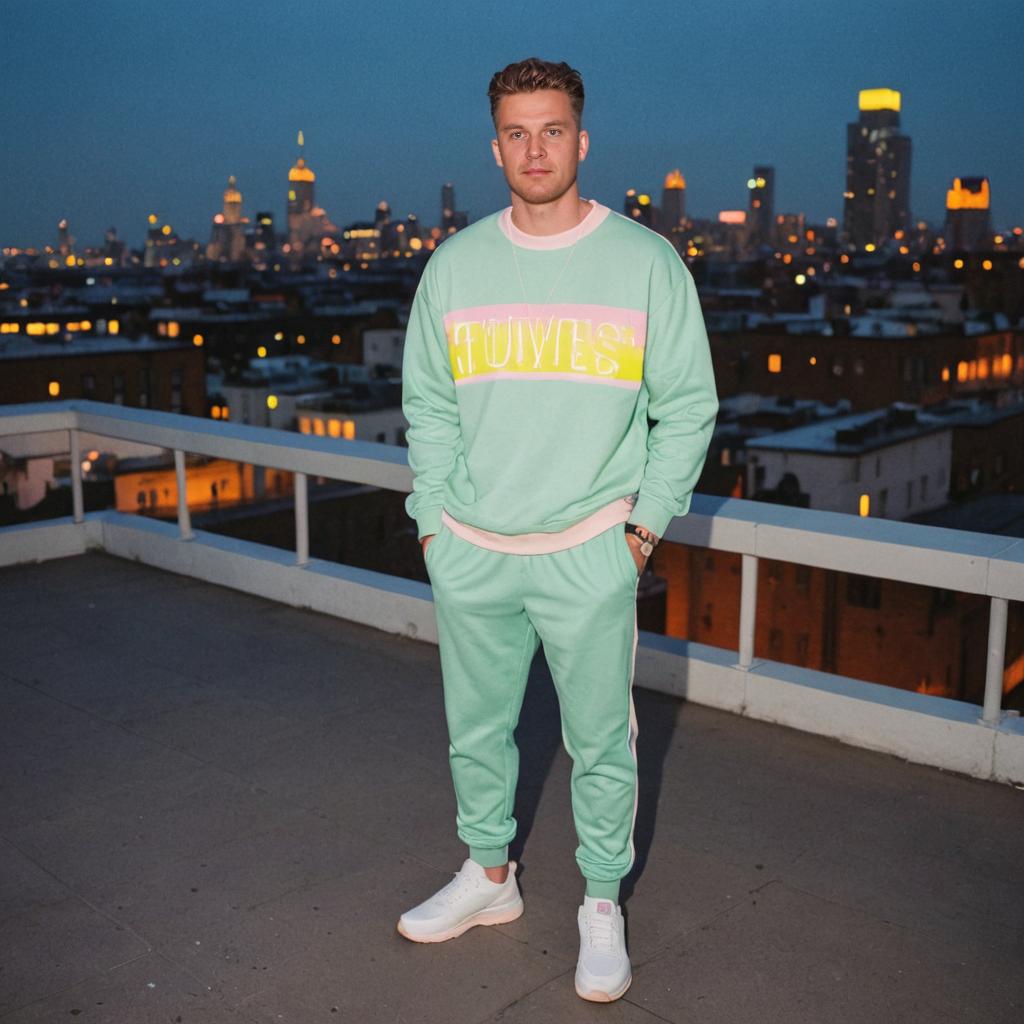 Man in Mint-Green Tracksuit on Building at Twilight