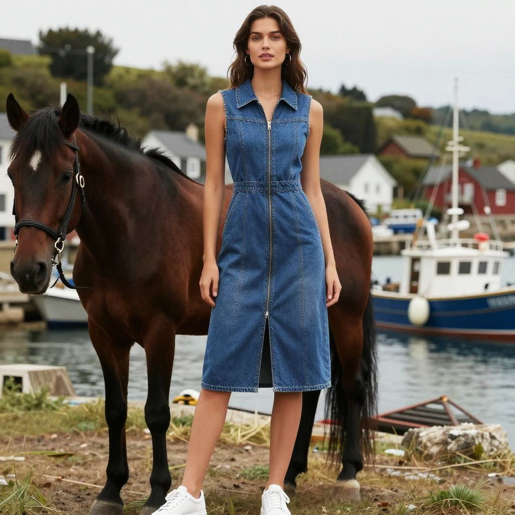 Athletic Woman in Casual Chic Sleeveless Denim Dress with Horse at Waterfront
