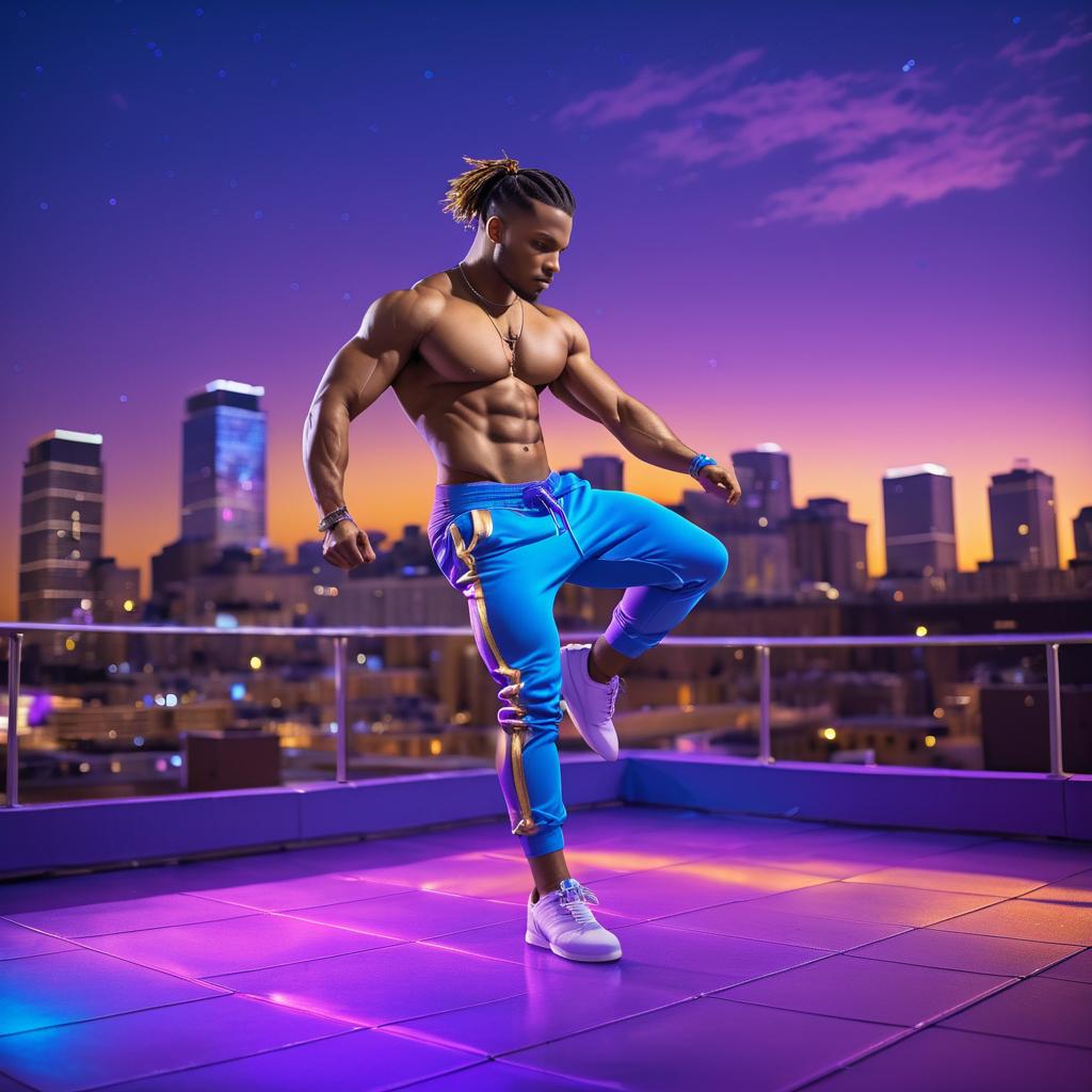 Muscular Man in Blue Athletic Wear Against City Skyline at Dusk