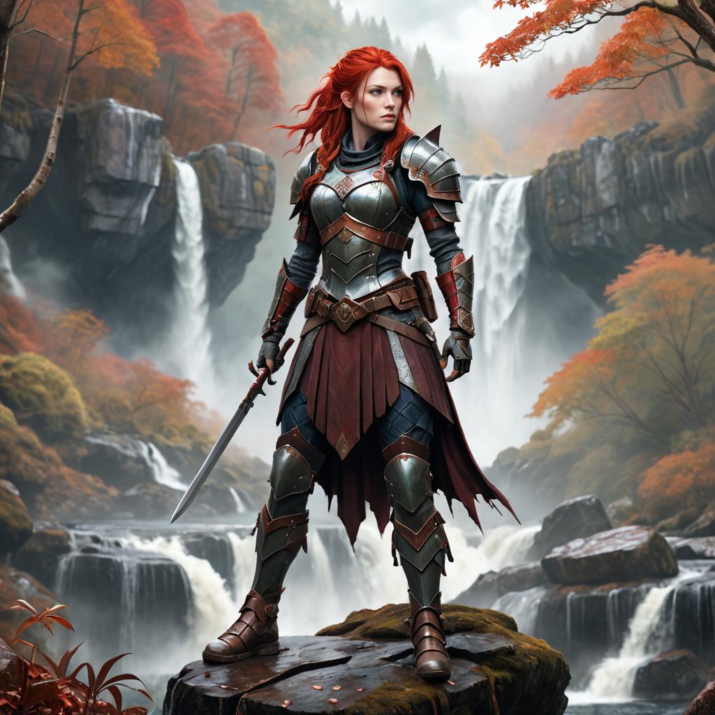 Red-haired warrior in medieval armor by a waterfall in autumn