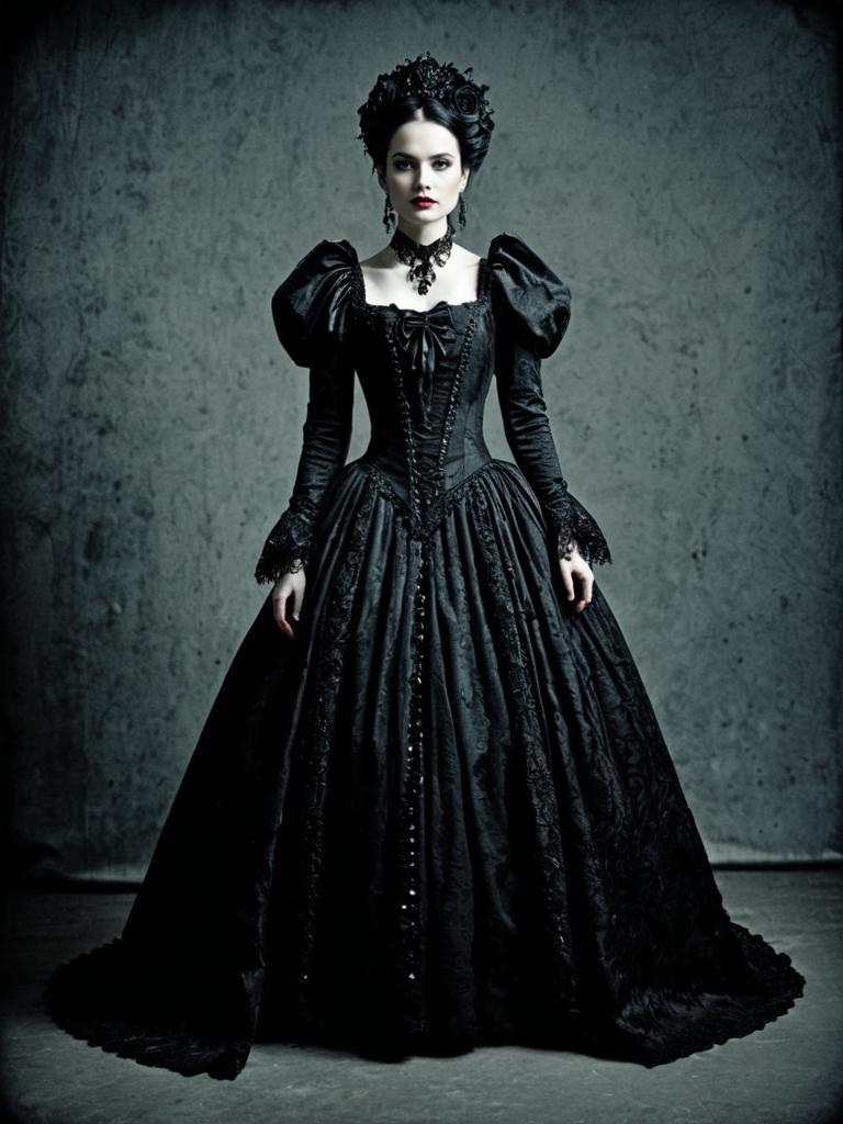 Woman in Elaborate Black Gothic Victorian Gown Full Body Photo