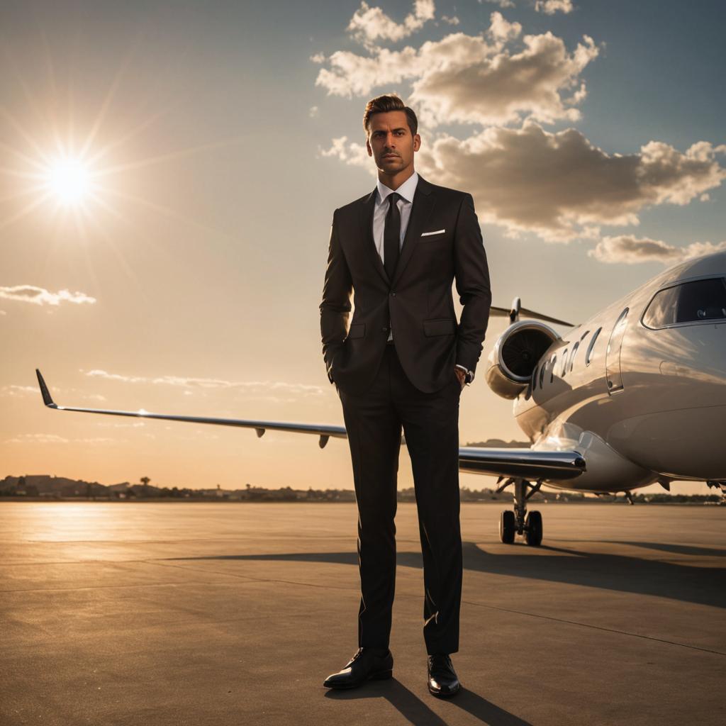 Stylish man by private jet at sunset