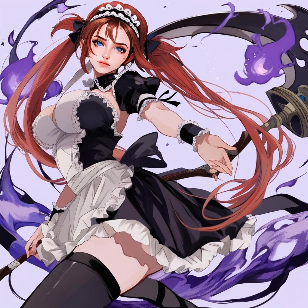 Anime Maid Warrior with Scythe and Purple Flames Digital Art