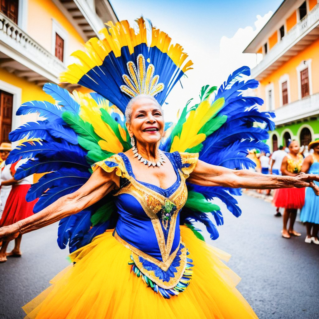 Elderly Woman in Colorful Costume at Street Celebration