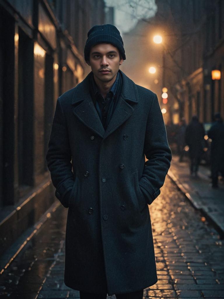 Brooding Man in Classic Coat on Dimly-Lit Street