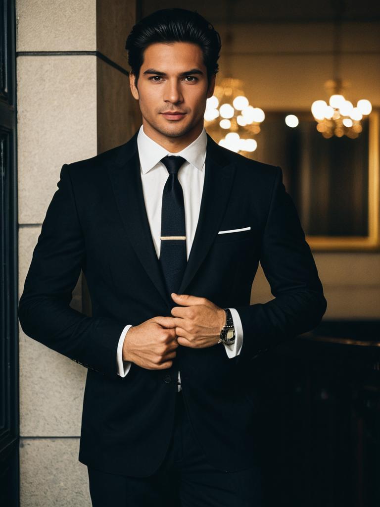 Man in Classic Black Suit and Tie at Formal Black Tie Event