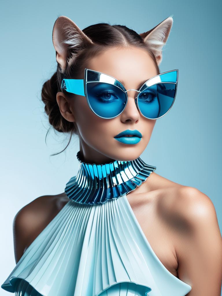 Futuristic Woman in Blue Cat-Eye Sunglasses