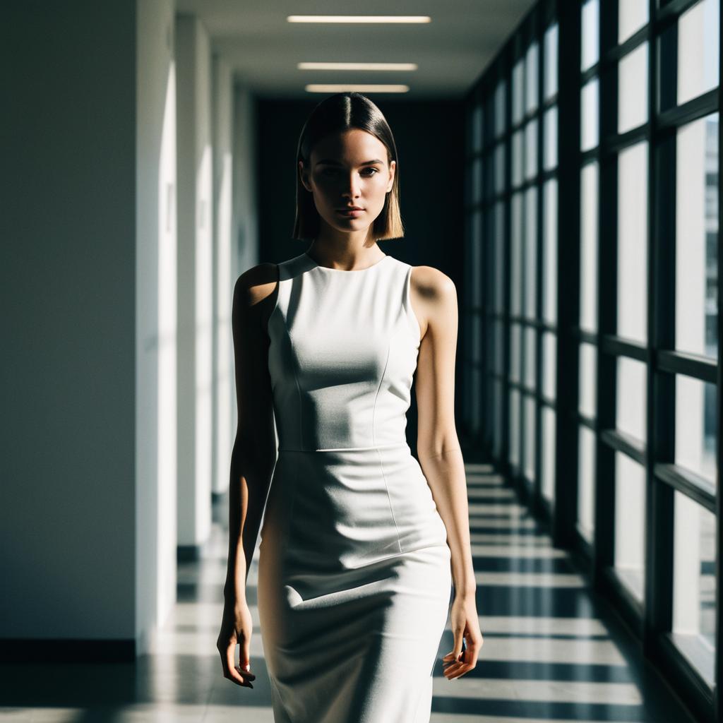 Woman in White Dress Standing in Modern Corridor with Natural Light