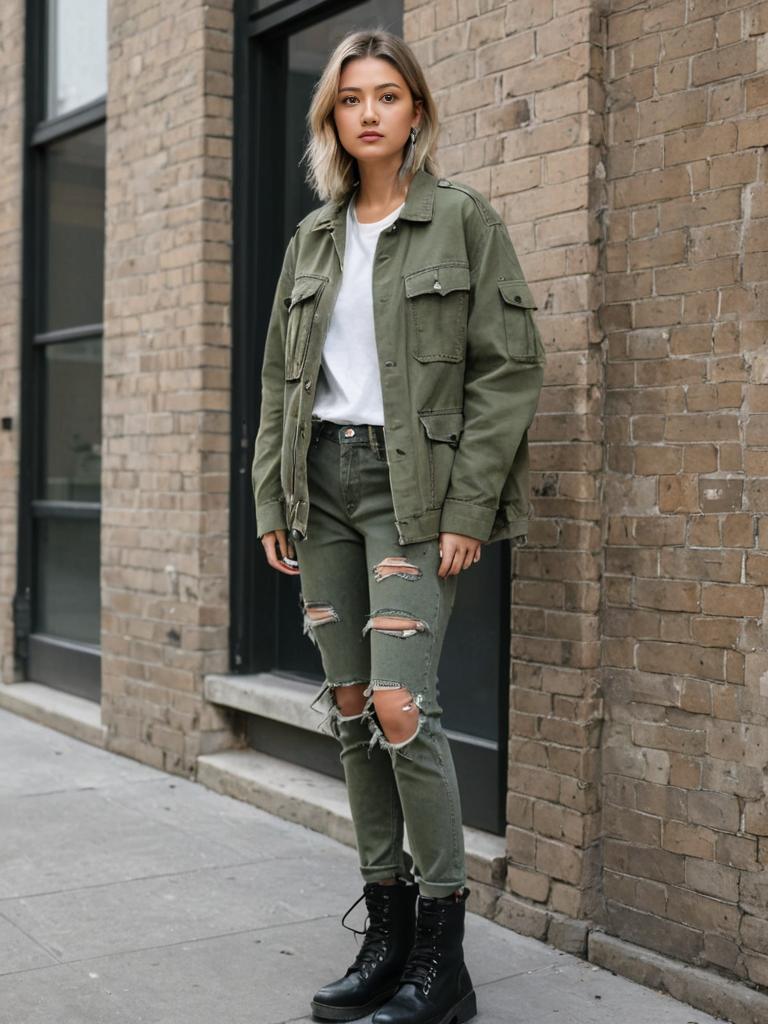 Woman in Military Jacket Against Brick Wall