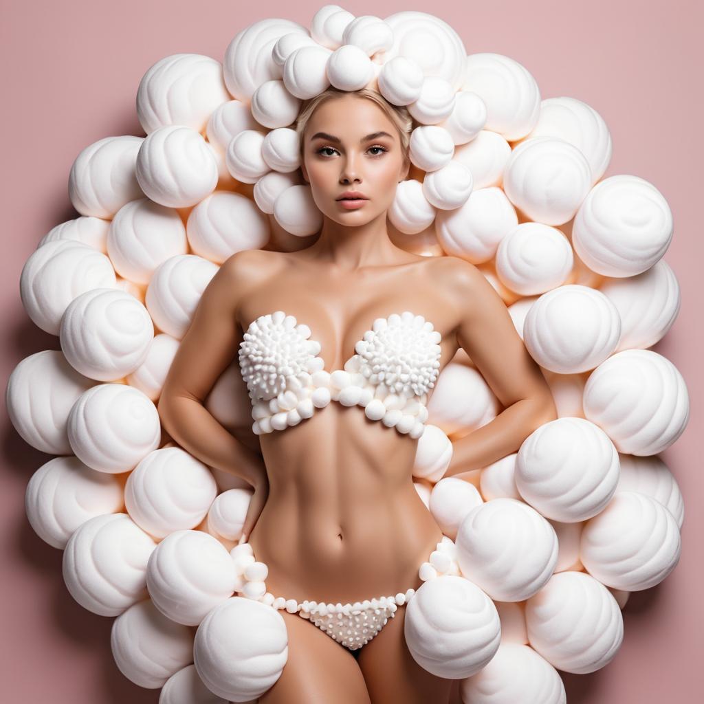 Model with Cloud-Like Hairstyle and Costume on Pink Background