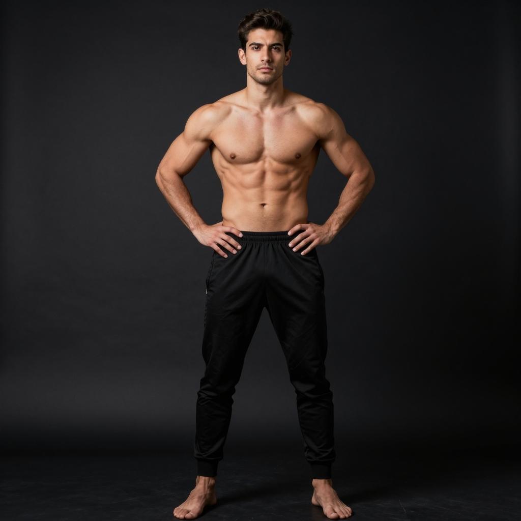 Muscular Young Man in Athletic Pants Posing Barefoot on Dark Background