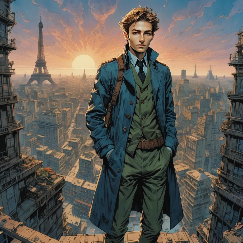 Confident Young Man in Green Suit on Rooftop at Sunset