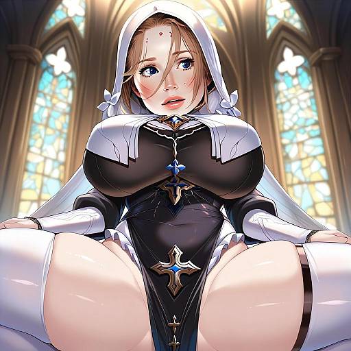Anime Style Woman in Stylized Nun Outfit with Stained Glass Background