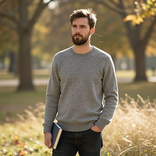 Young Man Holding Book in Autumn Park Setting