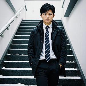 Young Man in Winter Office Wear on Snowy Staircase